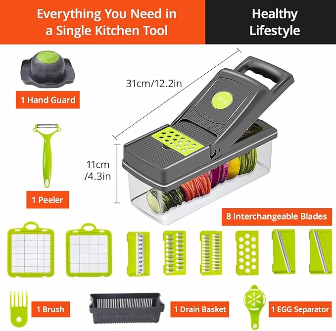 16-IN-1 Effortless Press-Handle Food Chopper with Thick ABS Container – Anti-Jam Design, Comfortable Grip, Veggie Cutter That Saves Your Wrists