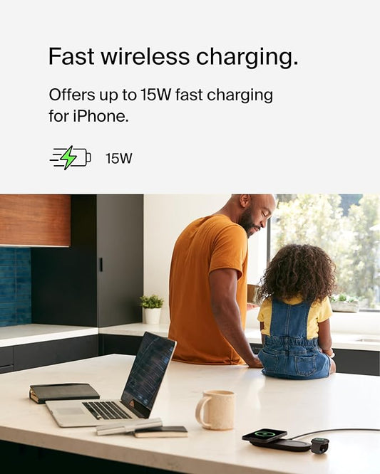 Belkin 3-in-1 MagSafe-Compatible Wireless Charging Pad with Qi2 15W - iPhone Charger - Fast Charging Wireless Charging Station for iPhone 17, 16, & 15 Series, AirPods, Apple Watch, & More - Black