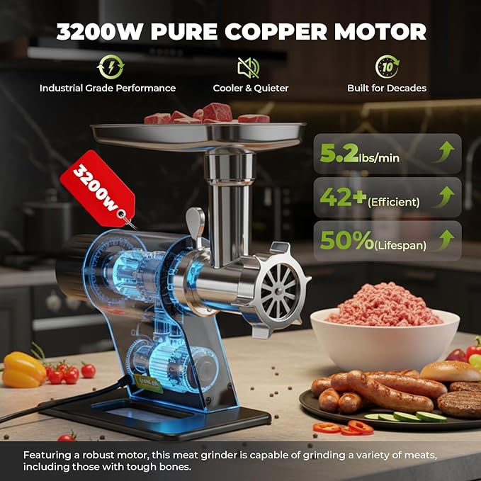 Meat Grinder Electric 3200w Commercial Touch LED Screen Heavy Duty Metal Gearbox Meat Grinder with Timing and Sausage Stuffers, Kubbe Kit for Household Use & Commercial