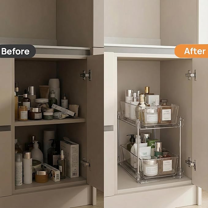 2 Pack Clear Under Sink Organizers, Pull Out Cabinet Organizer,2 Tier Bathroom Storage Organizer,Cabinet Drawers Organization Bins with Track for Kitchen,Pantry,Fridge,Vanity