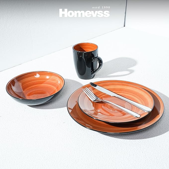 Sonoma Stoneware 16pc Dinnerware Set, Outside Black + Inside Hand Painting Color Spice