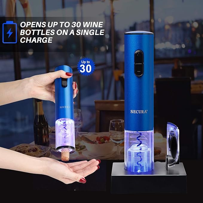 Secura Electric Wine Opener, Automatic Electric Wine Bottle Corkscrew Opener with Foil Cutter, Rechargeable (Blue)