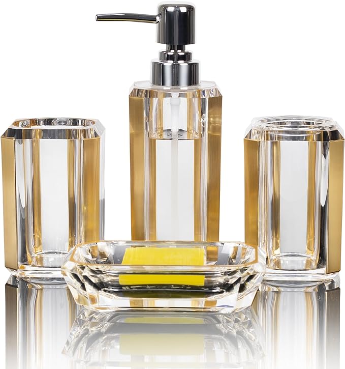 4 Piece Premium Acrylic Bathroom Accessory Set, Hand Sanitizer Bottle, Lotion Can Bathroom Suit, Separate Bottle Soap Box, Mouthwash Cup, Toothbrush Cup(Brushed Gold)