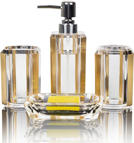 4 Piece Premium Acrylic Bathroom Accessory Set, Hand Sanitizer Bottle, Lotion Can Bathroom Suit, Separate Bottle Soap Box, Mouthwash Cup, Toothbrush Cup(Brushed Gold)