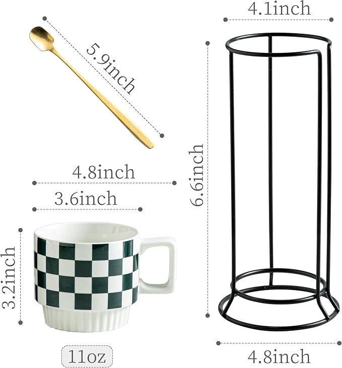 Stackable Coffee Mugs with Stand, Checkered Coffee Mug Set of 4, 11oz Espresso Cups for Beverages, Stacked Mug Set with Spoons for Christmas Housewarming Birthday Gift, Dishwasher Safe