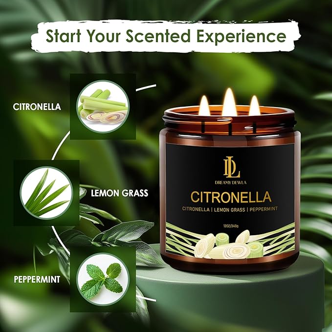 Citronella Candles Outdoor, Large 3 Wick 12oz Scented Candles up to 60 Hours Burning, Natural Citronella Soy Wax Candle for Summer Outside Camping Patio Picnic Garden