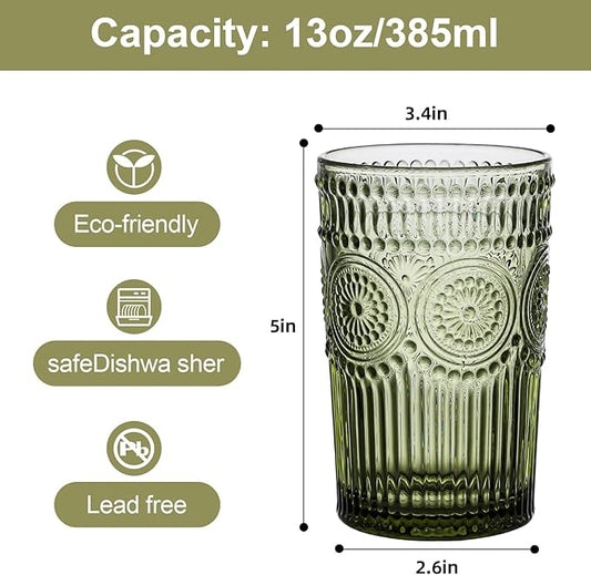 Vintage Glassware Drinking Glasses Set of 6,13 oz Green Textured Flower Design Glass Water Tumblers，Embossed Striped Drinkware for Water,Cocktails,Juice,Iced Coffee