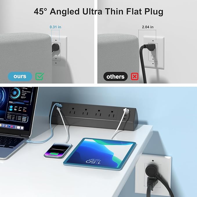 Desk Clamp Power Strip with 40W Total Fast Charging Station, 4 PD 20W USB C Ports, 4 AC Outlets, 1875W Surge Protectors, 6.5 FT Flat Plug Desk Clamp Power Strip Fit 1.9" Tabletop Edge