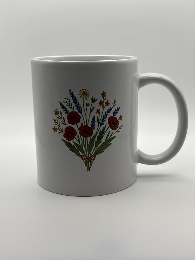 Decorative Ceramic Coffee Mug with Floral Design, White, Red Poppies Pattern