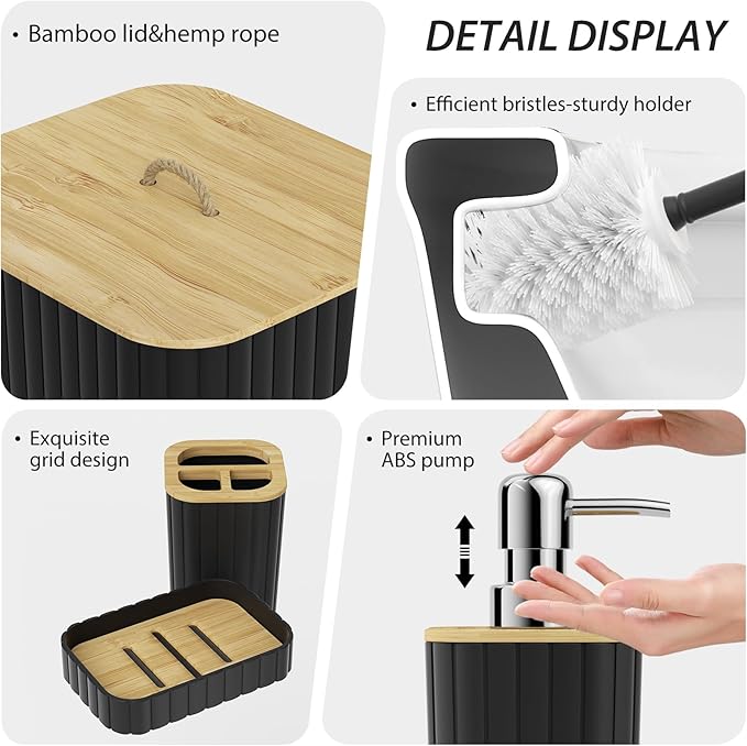 Bathroom Accessories Set - 10PC Bathroom Set, Black Bathroom Set, Bathroom Accessories Set, Toilet Brush, Bathroom Trash Can & Soap Dispenser