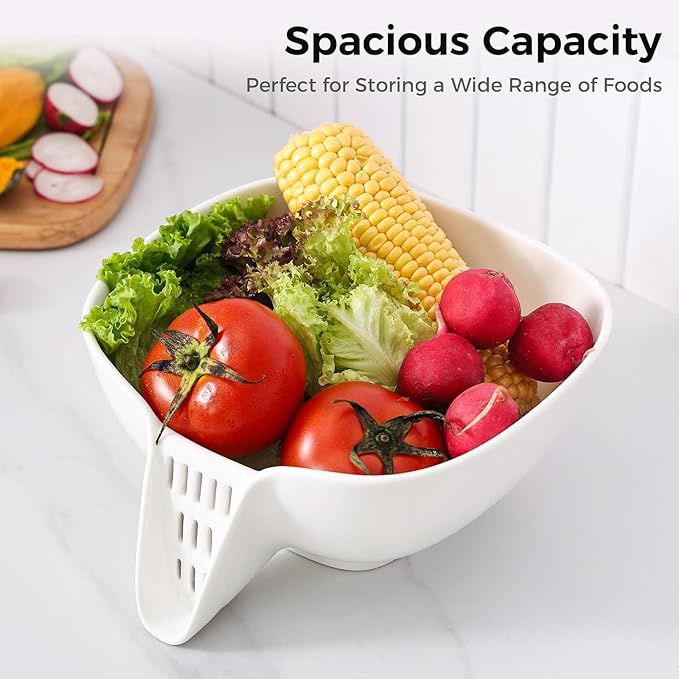 Dizada Multifunctional Ceramic Drain Basket with Integrated Drain Spout, Colander for Kitchen 60 Oz Large Capacity Food Strainer for Vegetable, Fruits, Pasta, Salad, Heat-Resistant, Dishwasher-Safe