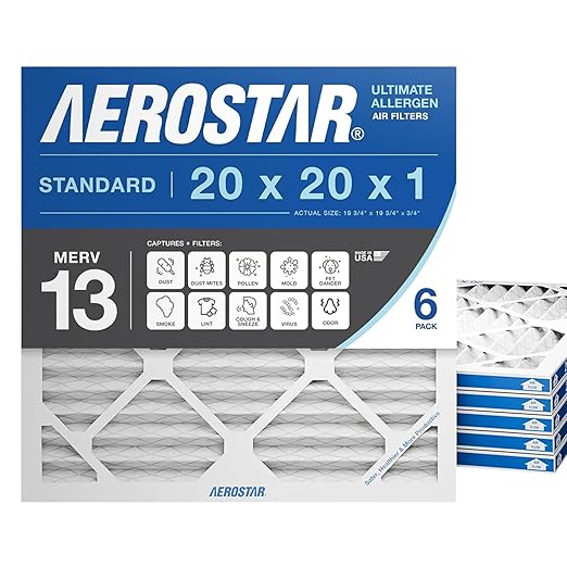 Aerostar 20x20x1 MERV 13 Air Filter, 6 Count, ACTUAL SIZE (19.75 x 19.75 x 0.75), HVAC, Air Conditioning & Furnace Filter for Allergies, Dust, Pet Dander & Smoke (MPR 1500 / FPR 10), Made in USA
