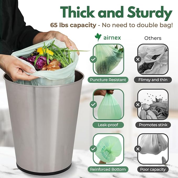 Compostable Kitchen Trash Bags 8 Gal - Cornstrarch Leakproof & Tear Resistant 50 Compost Bags - OK Compost Home & Seedling Certified 0.22 mm Kitchen Garbage Bags