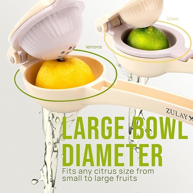 Zulay Kitchen Metal 2-in-1 Lemon Squeezer - Sturdy Max Extraction Hand Juicer Lemon Squeezer Gets Every Last Drop - Easy to Clean Manual Citrus Juicer - Easy-Use Lemon Juicer Squeezer - Cream/Purple