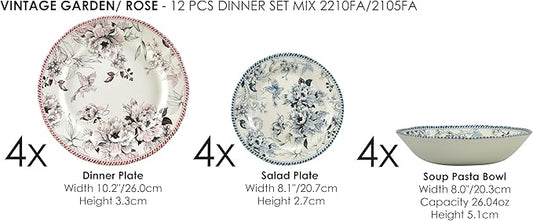 Tudor Royal 12-Piece Porcelain Round Dinnerware Set, Service for 4, Vintage Garden, Floral, Plates Bowls Dishes, Premium Quality Tableware, Unique Pattern, Glossy