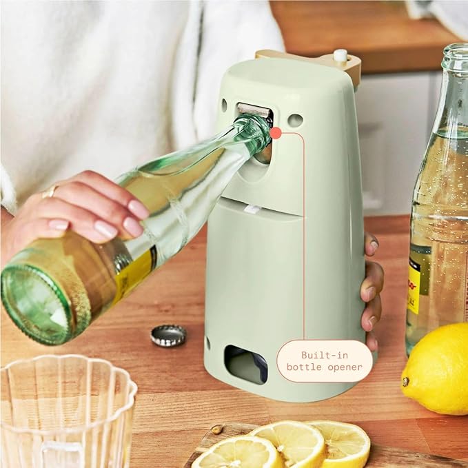 Beautiful Electric Can Opener, Auto-Turn, Knife Sharpener, Bottle Opener, Easy-Clean, Corded, One-Touch, Stainless Steel Blade (Sage Green)