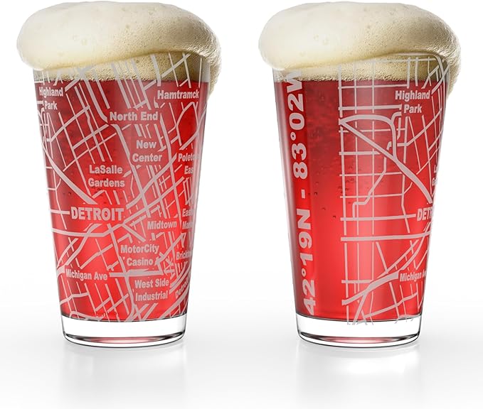 Greenline Goods – Detroit, MI Map Pint Beer Glasses (Set of 2), 16 oz – Etched Wrap Design