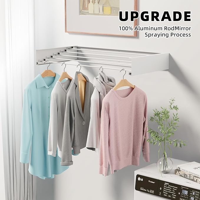 Laundry Drying Rack Collapsible, Wall Mounted, Clothes Drying Rack, 31.5" Wide, 5 Aluminum Rods, 60 lb Capacity, Laundry Racks for Drying Clothes with Wall Template(White 31.5")