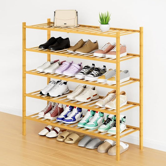Smiry Shoe Rack, 5 Tier Long Bamboo Shoe Organizer, Stackable Free Standing Wooden Shoe Storage Shelf for Closet, Entryway, Front Door Entrance, Natural