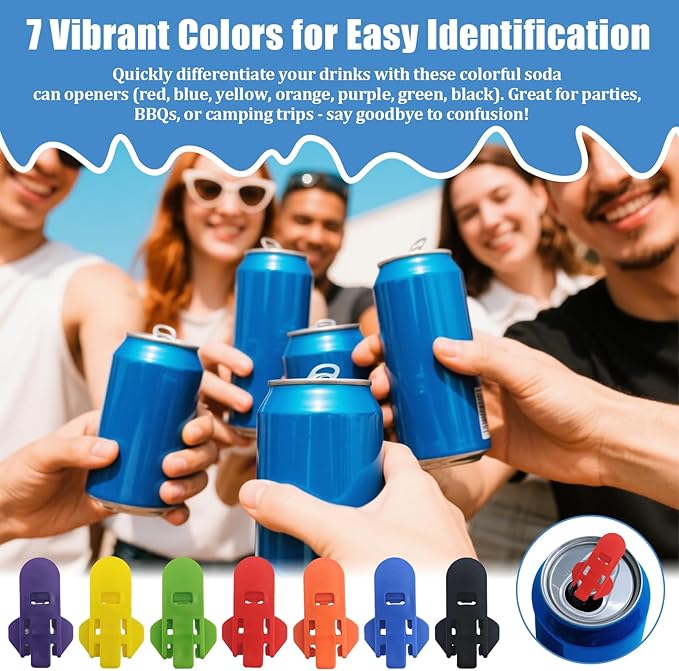 7 Pack Easy Tab Opener for Soda Cans 7 Colorful Easy Can Opener for Pop Coke Aluminum Beverage Drink Shields for Camping, Picnics, Bartenders & Seniors