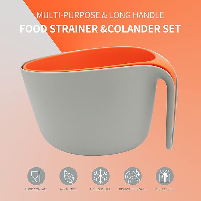 2 in 1 Colander with Long Handle Strainer and Mixing Bowl, Fruit Vegetable Washing Basket, Double Layered Strainer, Non-slip Bottom, Stackable, Dishwasher Safe, Soaking Draining and Straining