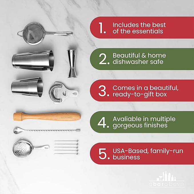 A Bar Above 14-Piece Gold Bartender Kit, Premium Gold-Plated Stainless Steel Barware Gift Set for Home and Professional Use, Includes Cocktail Shaker, Jigger, Strainers, Muddler, Picks, Spoon