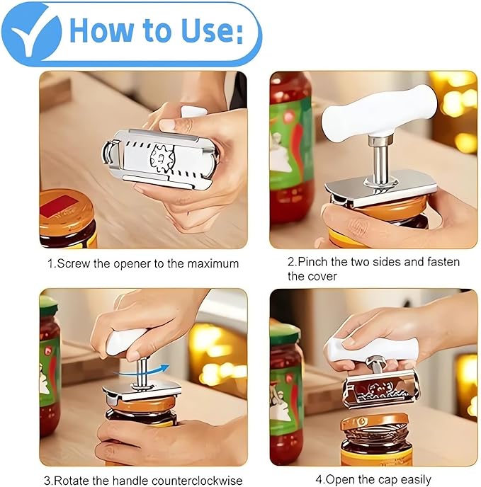 2024 New Effortless Arthritis Jar Opener - Jar Opener Bottle Opener for Weak Hands, Adjustable Grip Jar Openers for Seniors, Stainless Steel Easy Open Lid Opener - Simple But Powerful (White)