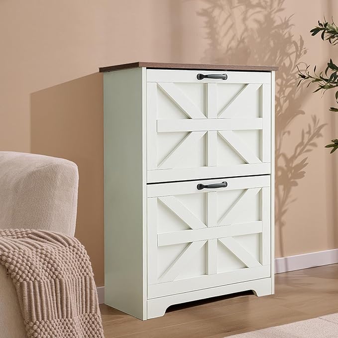 Shoe Storage Cabinet with Bench, Farmhouse Shoe Organizer with Barn Door Design, Space-Saving Hidden Narrow Shoe Rack Cabinet for Entryway, Hallway & Foyer，White