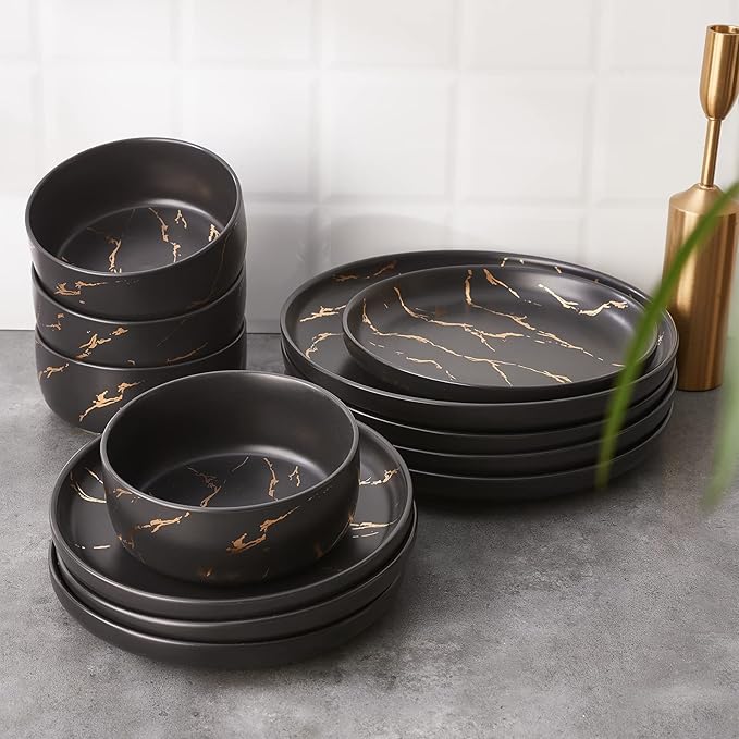 Black Gold Splash Dinnerware Sets, Marble Porcelain Plates and Bowls Sets, Modern Luxury Dish Set for 4, 12 Pieces Fine China Plates Set for Formal Dinners and Anniversaries