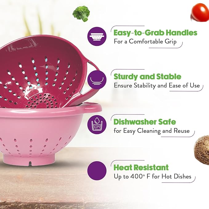 Crisp 2-Piece Mini Colander Berry Baskets With Handles - Food Strainers For Kitchen - Small Colander For Berries, Strawberry & Grape - Dishwasher Safe Berry Strainer - Made in the USA - Pink