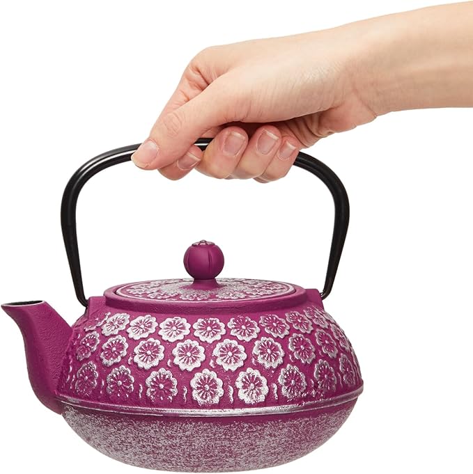 Juvale Cast Iron Tea Kettle with Infuser - Stovetop Brewing & Heat Retention - Floral Purple Cast Iron Teapot - Built-In Loose-Leaf Tea Infuser Pot - 34 oz, Medium