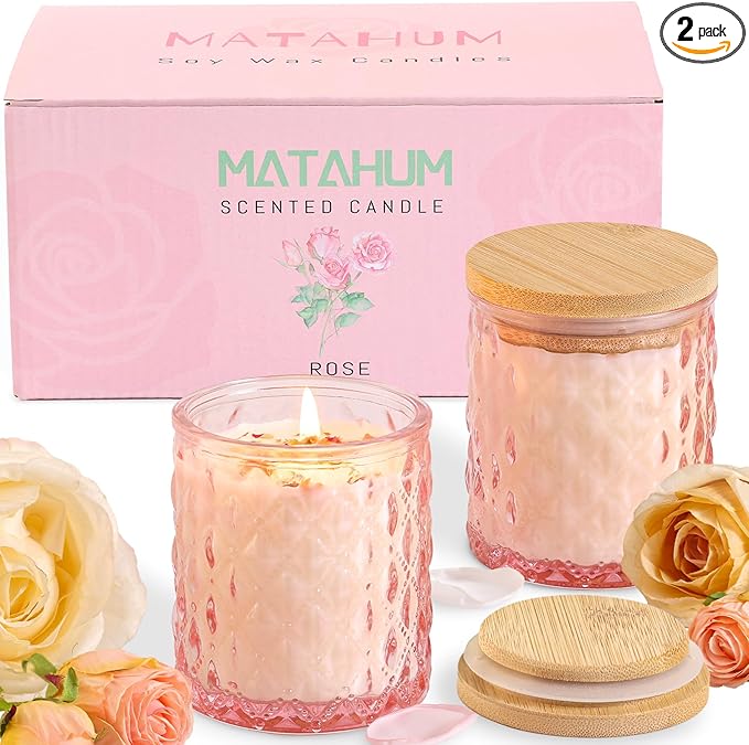 2 Pack Rose Scented Candles for Home Decor, 6.5oz Natural Soy Wax Aromatherapy Jar Candles, Housewarming Gift for Women