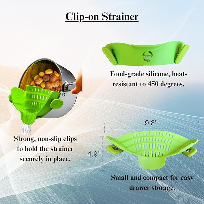 Collapsible Colander | Over the sink silicone kitchen strainer and collander with extendable handle | Clip-on silicone strainers for pots and pans|