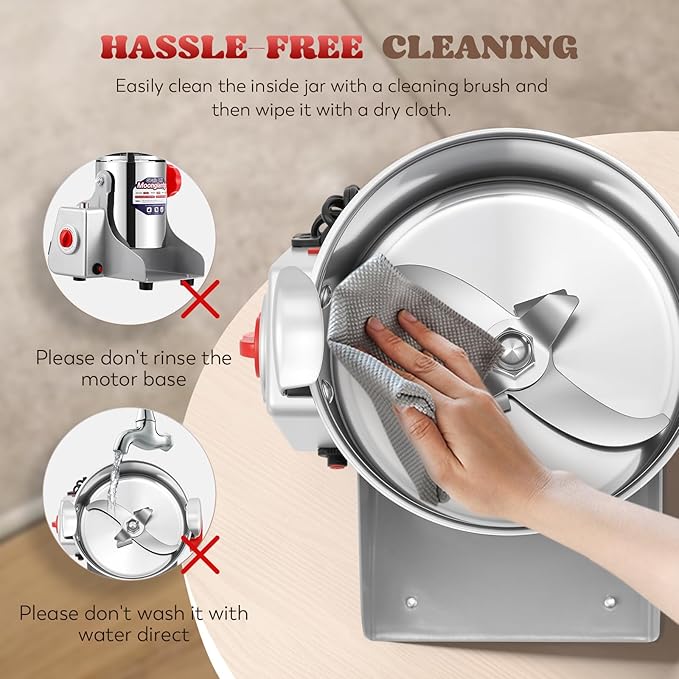Moongiantgo Upgraded Spiral Seal Grain Mill Grinder Electric 800g 2500W High Speed Spice Grinder Pulverizer Dry Grinding Machine for Dry Cereal Bean Corn Wheat Herbs, with 4 Set Blades (800g, 110V)