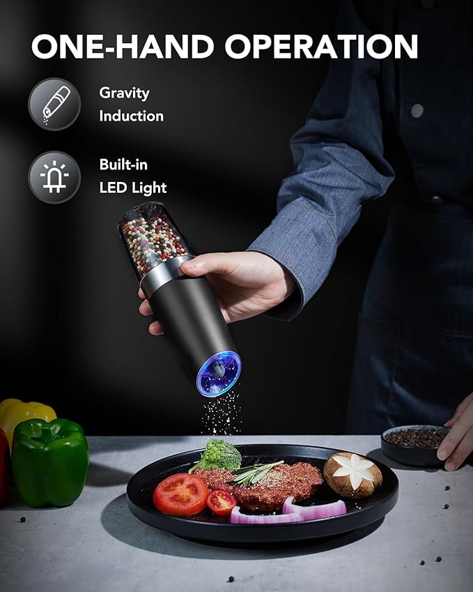 FORLIM Gravity Electric Salt and Pepper Grinder Set, Automatic Pepper Grinder Shakers Mill, Upgraded Batteries Powered Adjustable Coarseness with LED, One Hand Operation Perfect for Kitchen(Black)