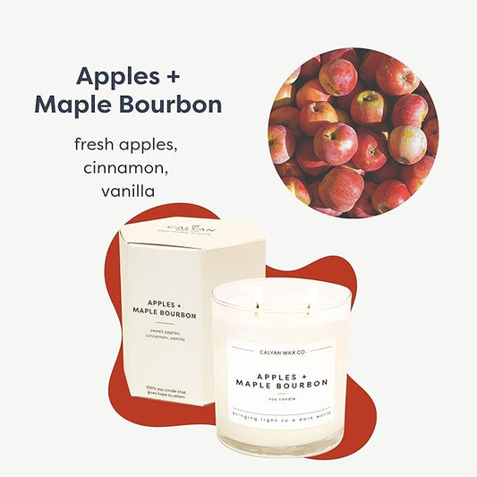 Calyan Wax Co. Apples & Maple Bourbon 2 Wick Scented Candle - 37 Hour Burn - Luxury Non Toxic Soy Wax Candles - Long Lasting Large Glass Jar Candle for Home - 8.8oz