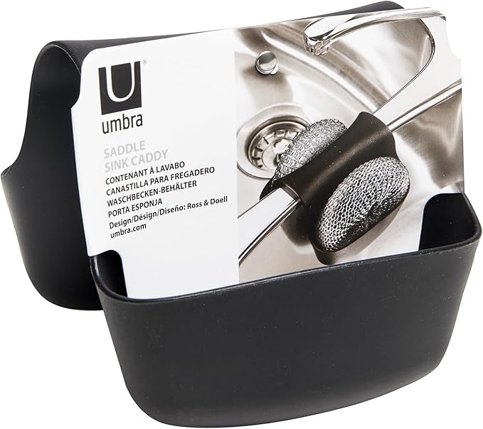 Umbra Saddle Sink Caddy – Flexible Rubber Organizer for Double Kitchen Sink, Storage for Dish Sponge, Scouring Pads and More, Black (330210-040)