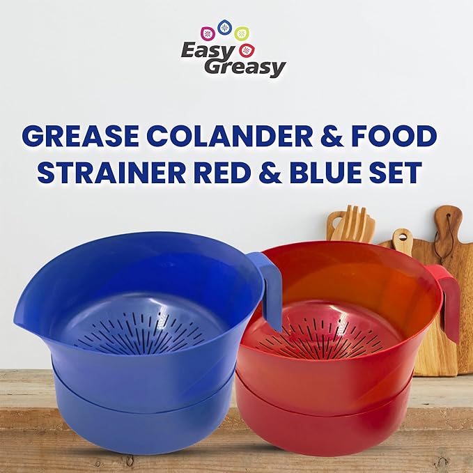 3-Piece Colander Grease Strainer Set – 2-Pack Red and Blue Grease Separator with Handle, Container & Lid – Strains Bacon, Pasta, Ground Beef – BPA-Free Kitchen Gadget