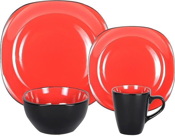 Stoneware Square 16pc Dinnerware Set, Inside Shiny Red + Outside Matte Black