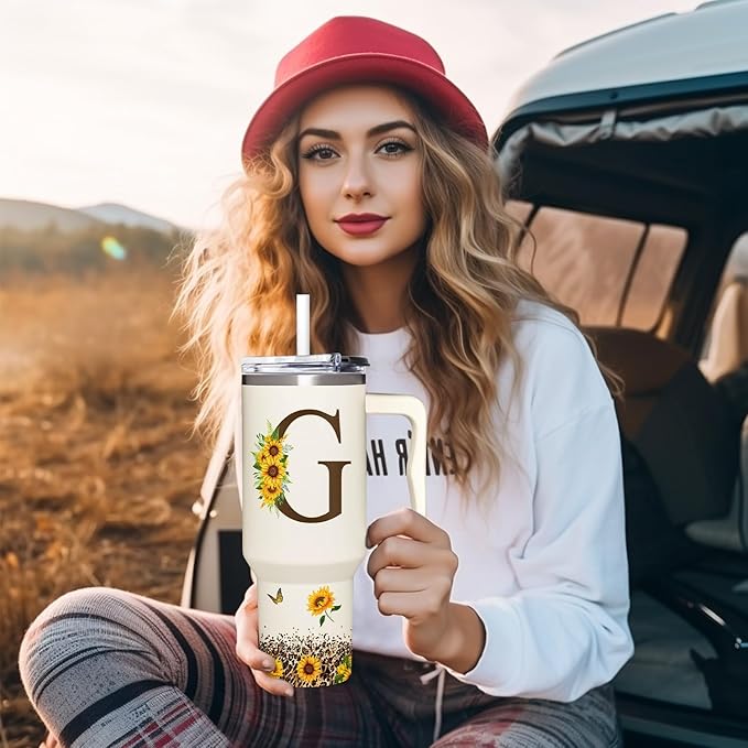 Personalized Birthday Gifts For Women - Sunflowers Monogrammed Cup For Boss Day, Christmas - Customized Gifts For Women, Mom, Wife, Coworkers, Boss Lady, Her - Custom Tumbler With Handle 40oz