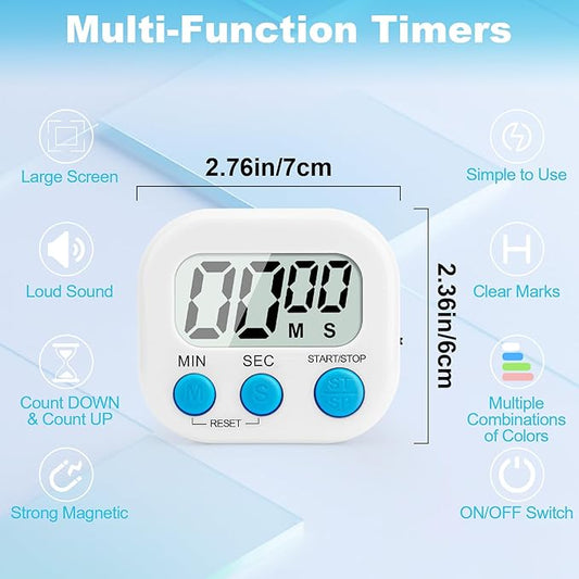 6 Pack Digital Kitchen Timer Multi-Function Magnetic Timers Classroom Timer for Kids Loud Alarm Big LCD Display Electronic Timers for Cooking, Classroom, Exercise, Meeting(Blue, Green, Pink, White)