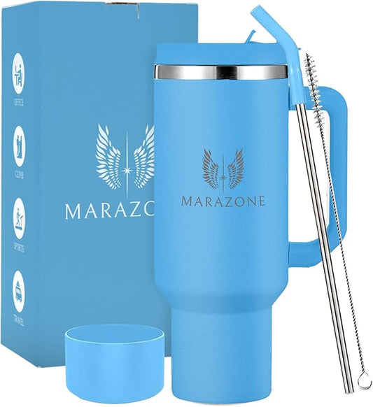 40 oz Insulated Tumbler with Handle and Straw – Stainless Steel Double Wall Vacuum Cup Fits Car Cup Holder, Hot Cold Travel Mug, BPA Free Reusable Water Bottle Gift for Women Men - Sky Blue
