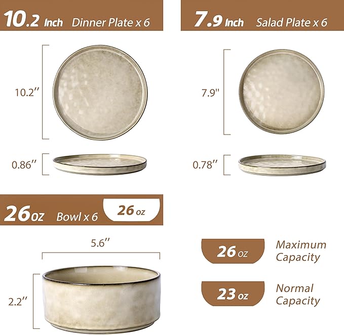 LIANYU 18 Piece Dinnerware Dish Set for 6, Stoneware Plates and Bowls, Ceramic Dinner Tableware Sets Includes Dinner Salad Plates, Cereal Bowls, Chip & Scratch Resistant, Sandy Beige
