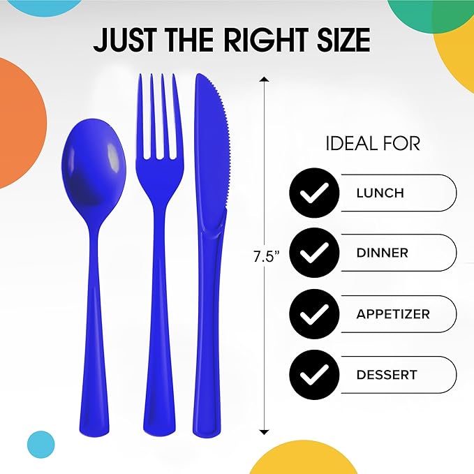 Party Solids Dark Blue Plastic Silverware Heavy Duty 150 Pieces Dark Blue Disposable Silverware Heavy Duty, Utensil Sets, 50 Of Each Forks, Knives & Spoons Disposable Cutlery Set For Party Supplies