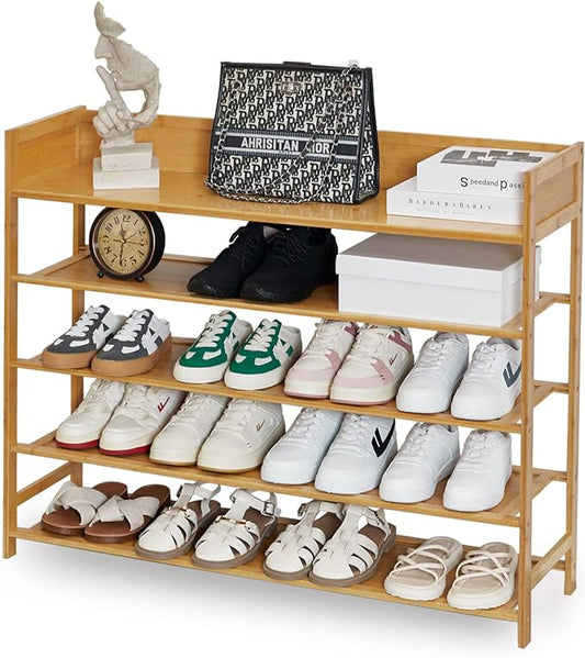 Bamboo Shoe Rack Organizer, 5 Tier Shoe Shelf Storage Organizer, for Entryway, Hallway, and Closet (Nature-39)