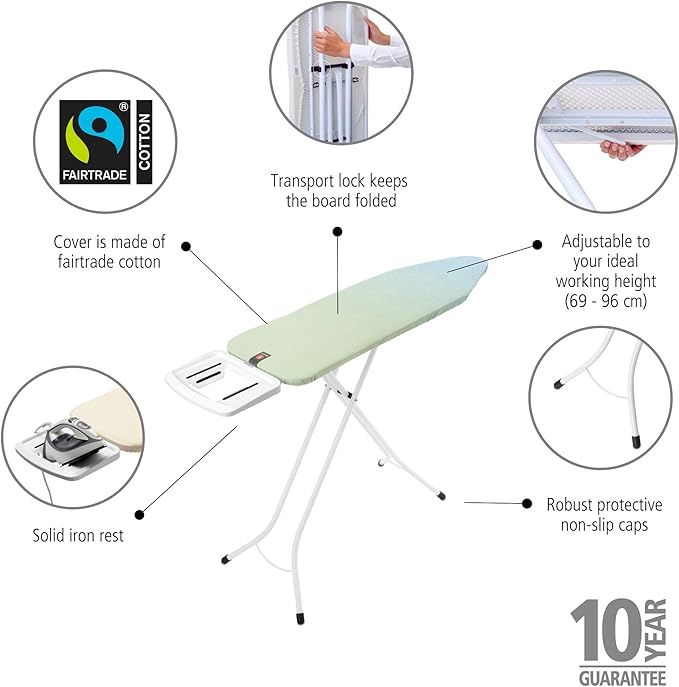 Brabantia - Ironing Board B – Solid Steam Iron Rest – Adjustable Height – Non-Slip Rubber Feet – 100% Fairtrade Cotton Cover with Foam Padding – Foldable – Soothing Sea – Size B (49 x 15 in)