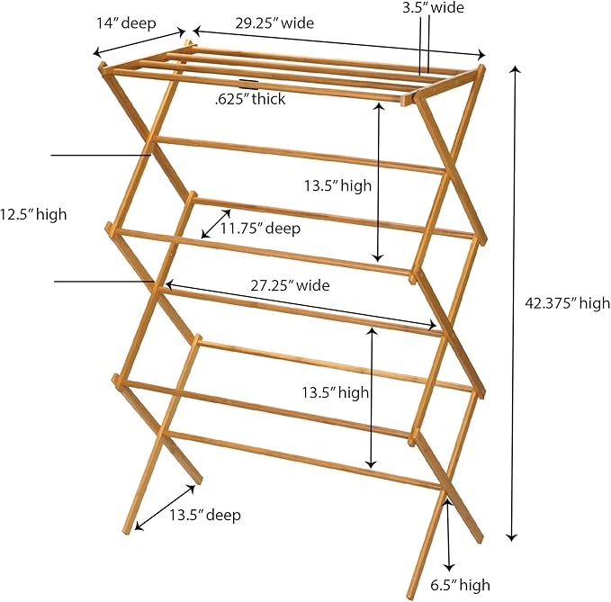 Household Essentials Bamboo Folding Clothes Drying Rack, Upscale Laundry Rack with 11 Dowels, Environmentally Friendly, Stable Frame, Shelf for Drying Flat