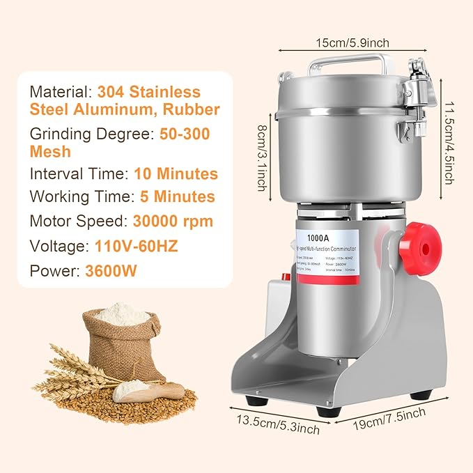 1000g Electric Grain Mill Grinder, High Speed 3600W Commercial Grinders, Stainless Steel Machine for Dry Grains, Coffee, Corn (1000g/2.2lbs Capacity)