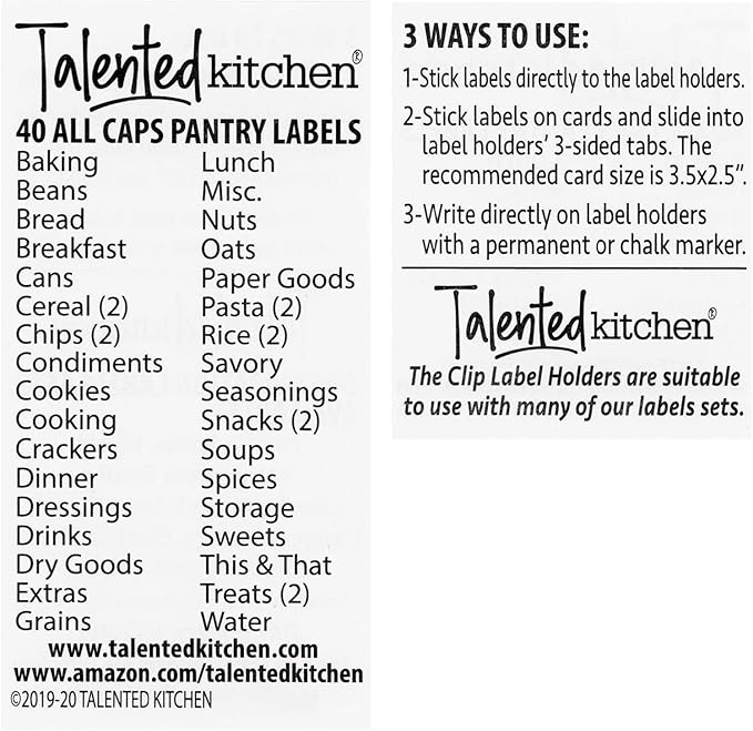 Talented Kitchen Basket Labels Clip-On Metal Label Holders - Black, 3.5 x 2.5 in, 8 Pack - Includes 40 Preprinted Bin & Shelf Tags for Storage Bins & Pantry Organization