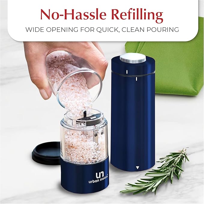 Electric Salt and Pepper Grinder Set - Battery Operated Stainless Steel Mill with Light (2 Mills) - Automatic One Handed Operation - Electronic Adjustable Shakers - Ceramic Grinders Blue
